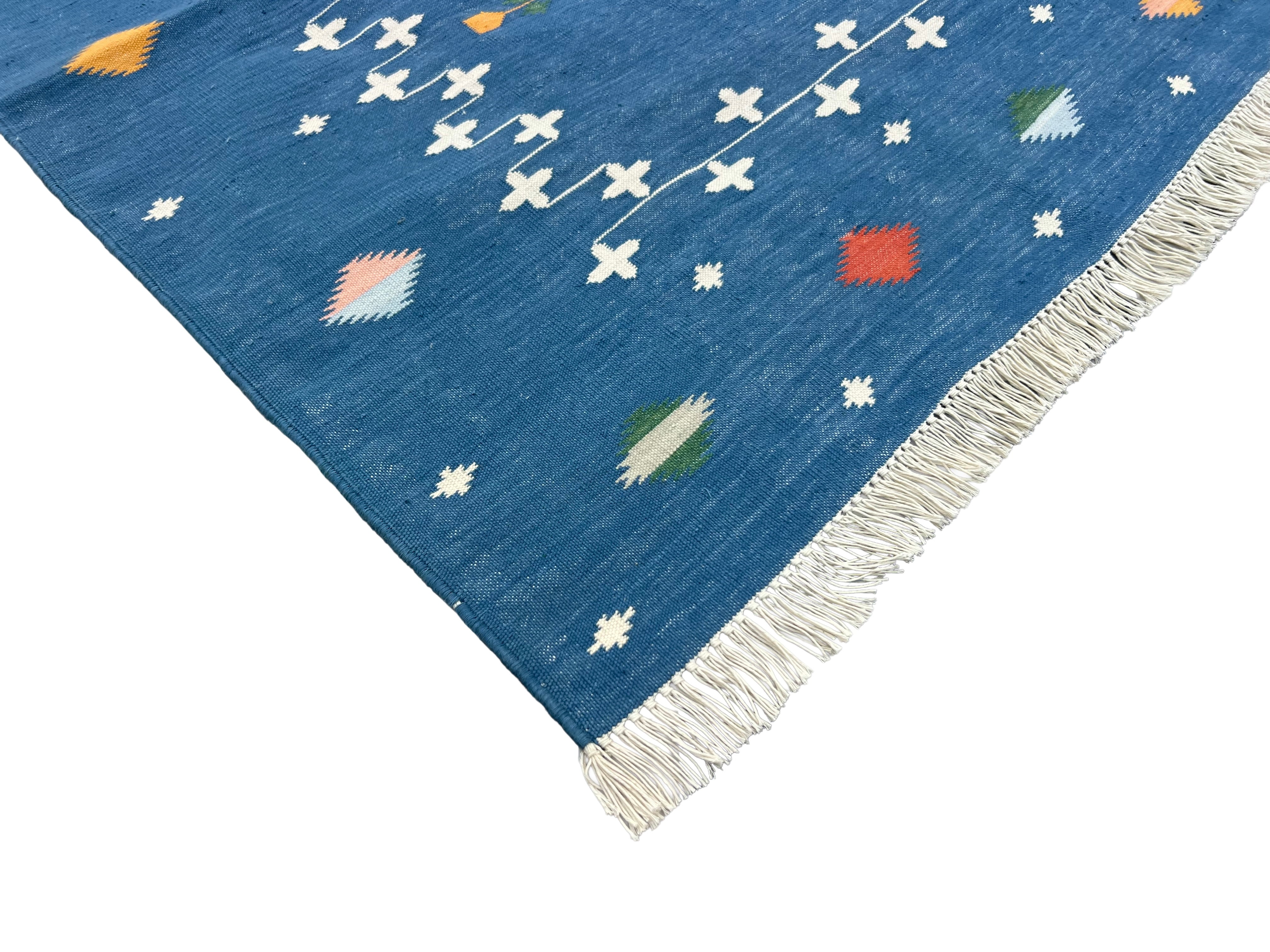 Modern Handmade Cotton Indigo Blue Shooting Star Dhurrie Runner-6815