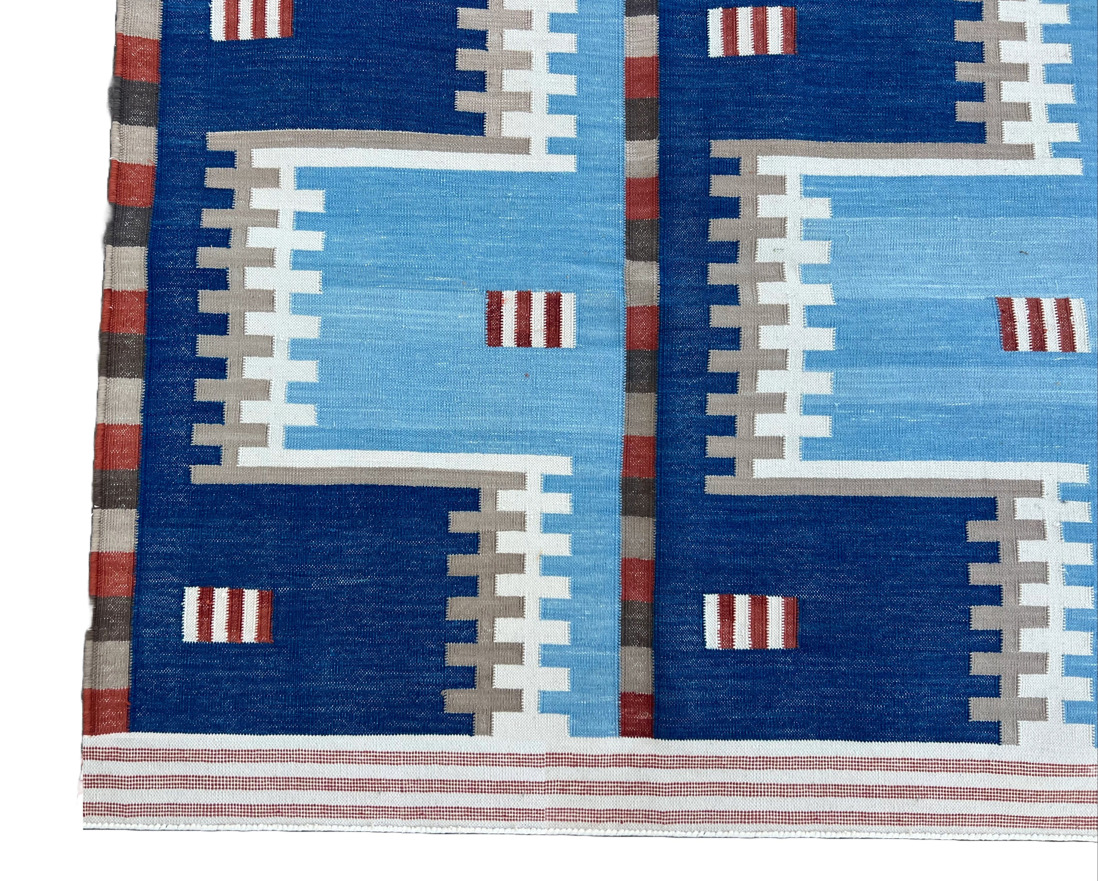 Modern Handmade Cotton Flat Weave Sky Blue And Beige Geometric Rug-6534
