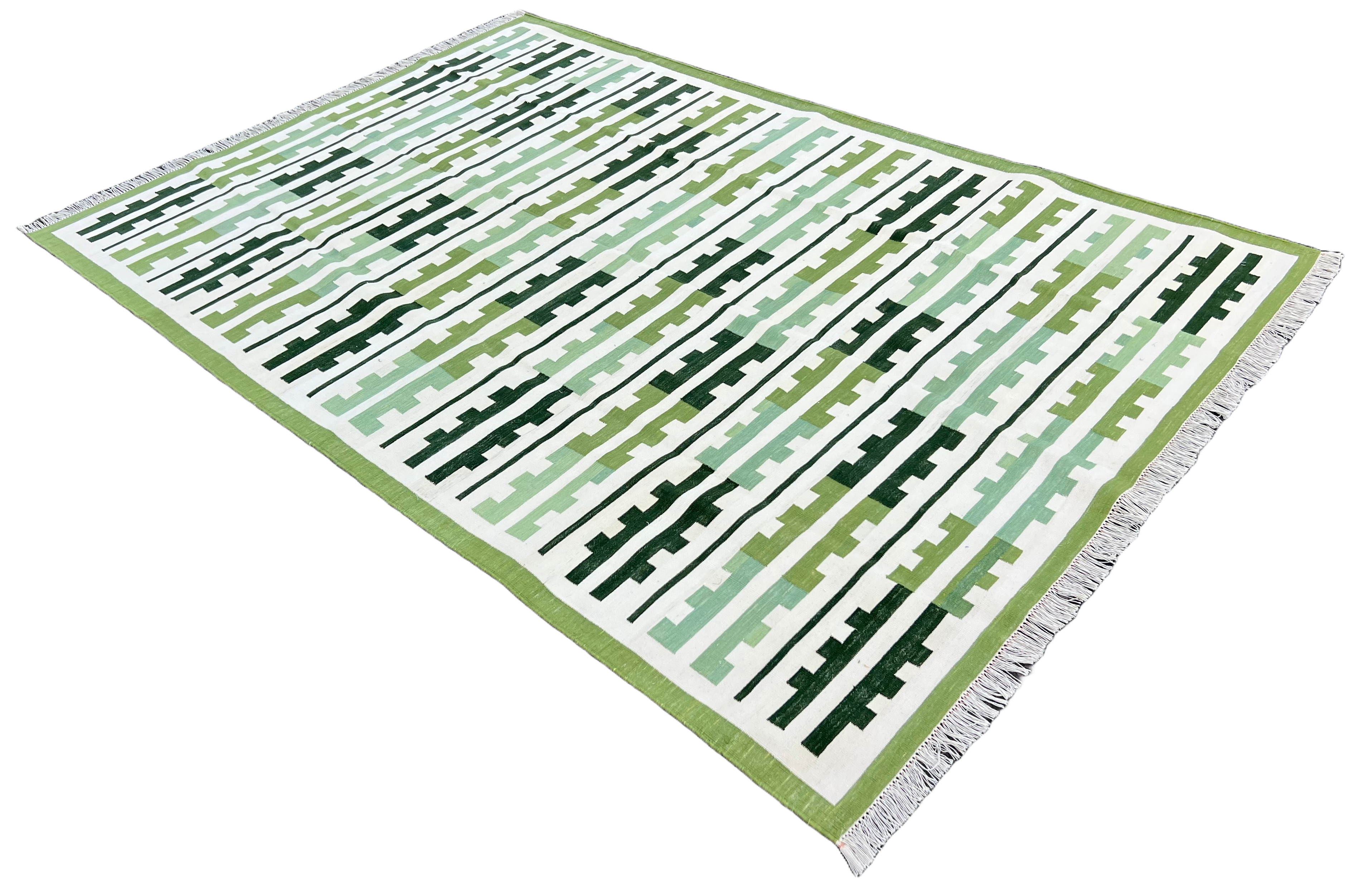 Modern Handmade Cotton Green And Cream Marianne Striped Rug-6757