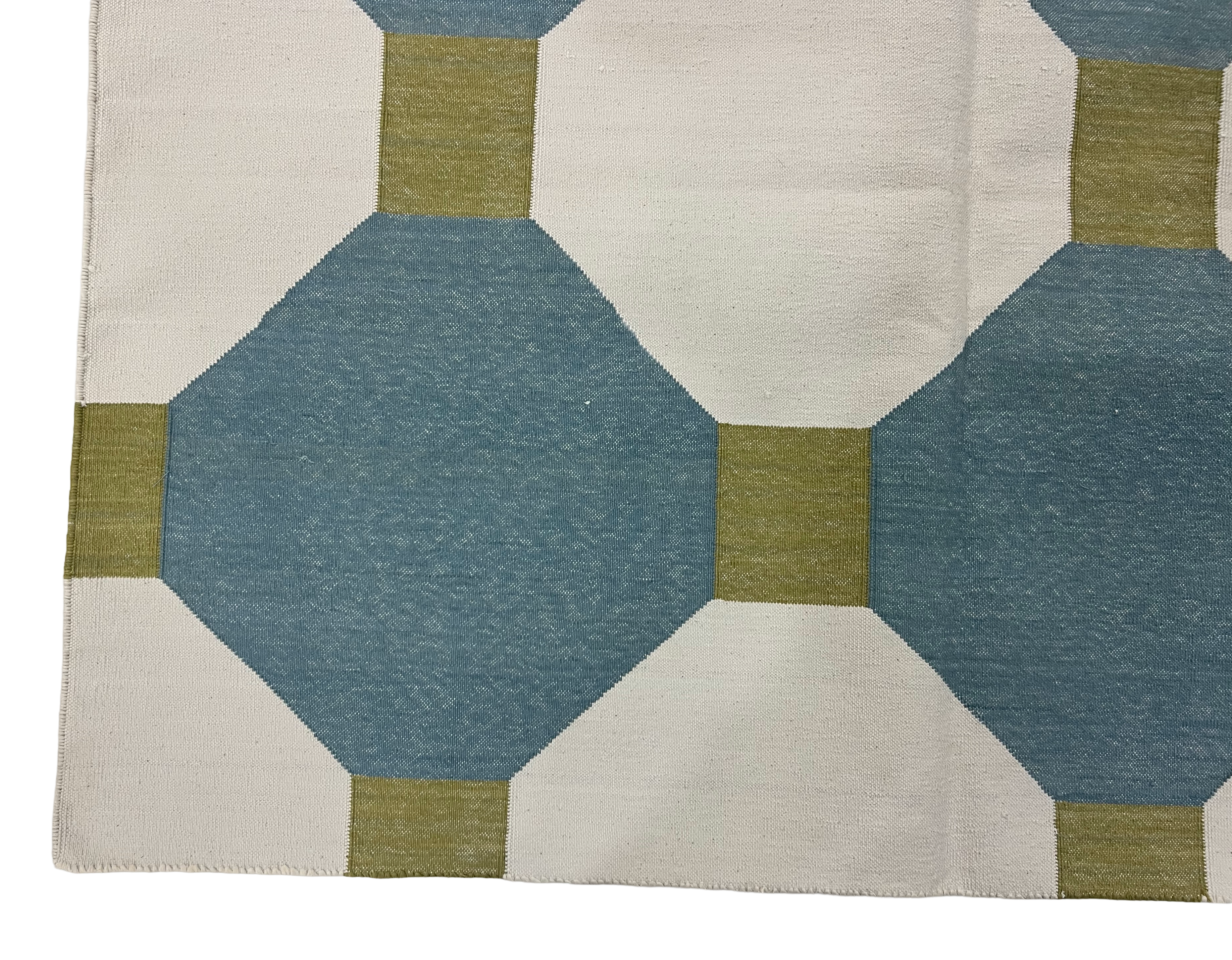 Modern Handmade Cotton Teal Blue, Cream And Olive Green Tile Area Rug-6842