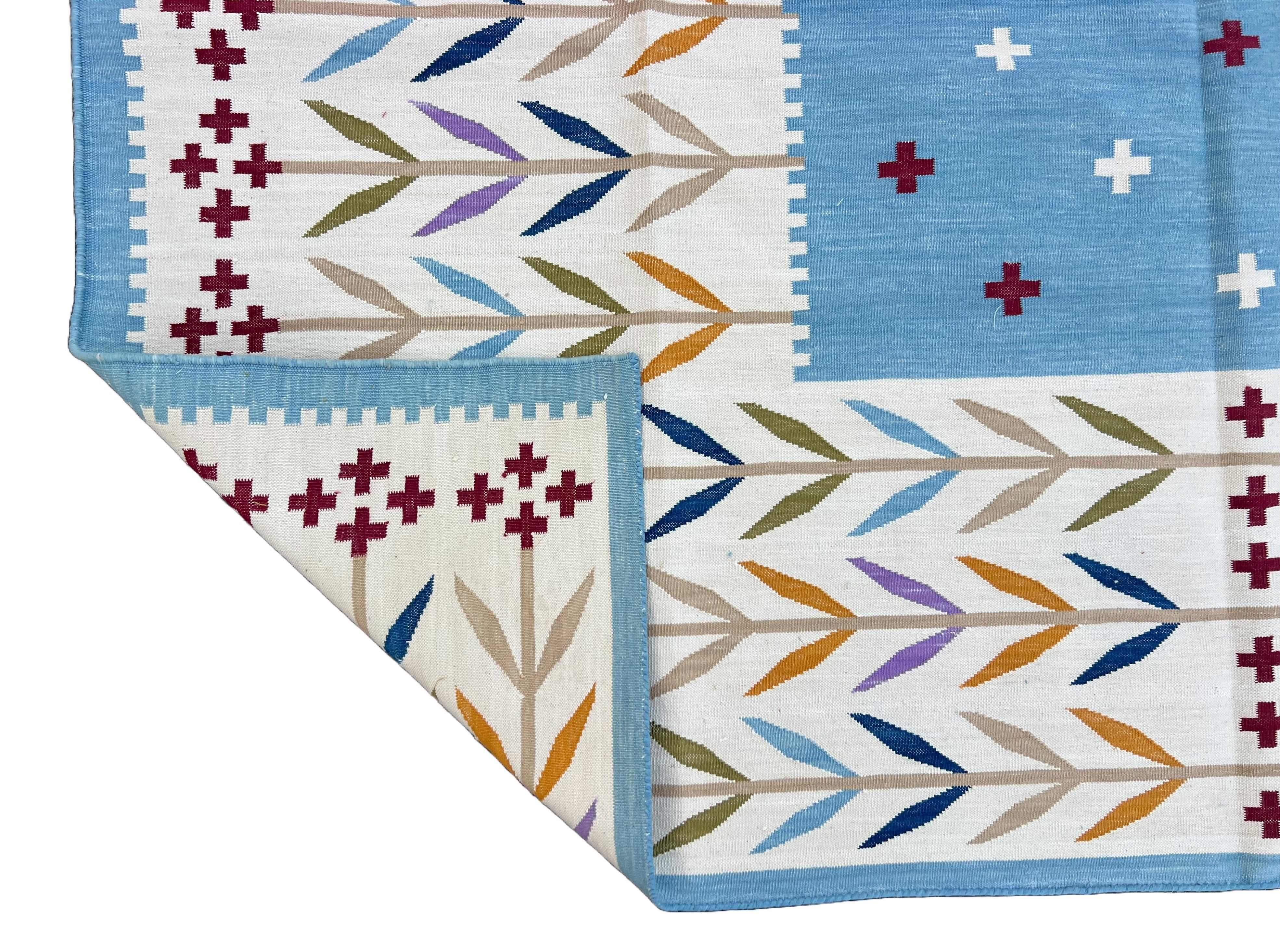 Modern Handmade Cotton Area Flat Weave Rug, Sky Blue And Cream Leaf Indian Dhurrie-6779