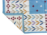Modern Handmade Cotton Area Flat Weave Rug, Sky Blue And Cream Leaf Indian Dhurrie-6779
