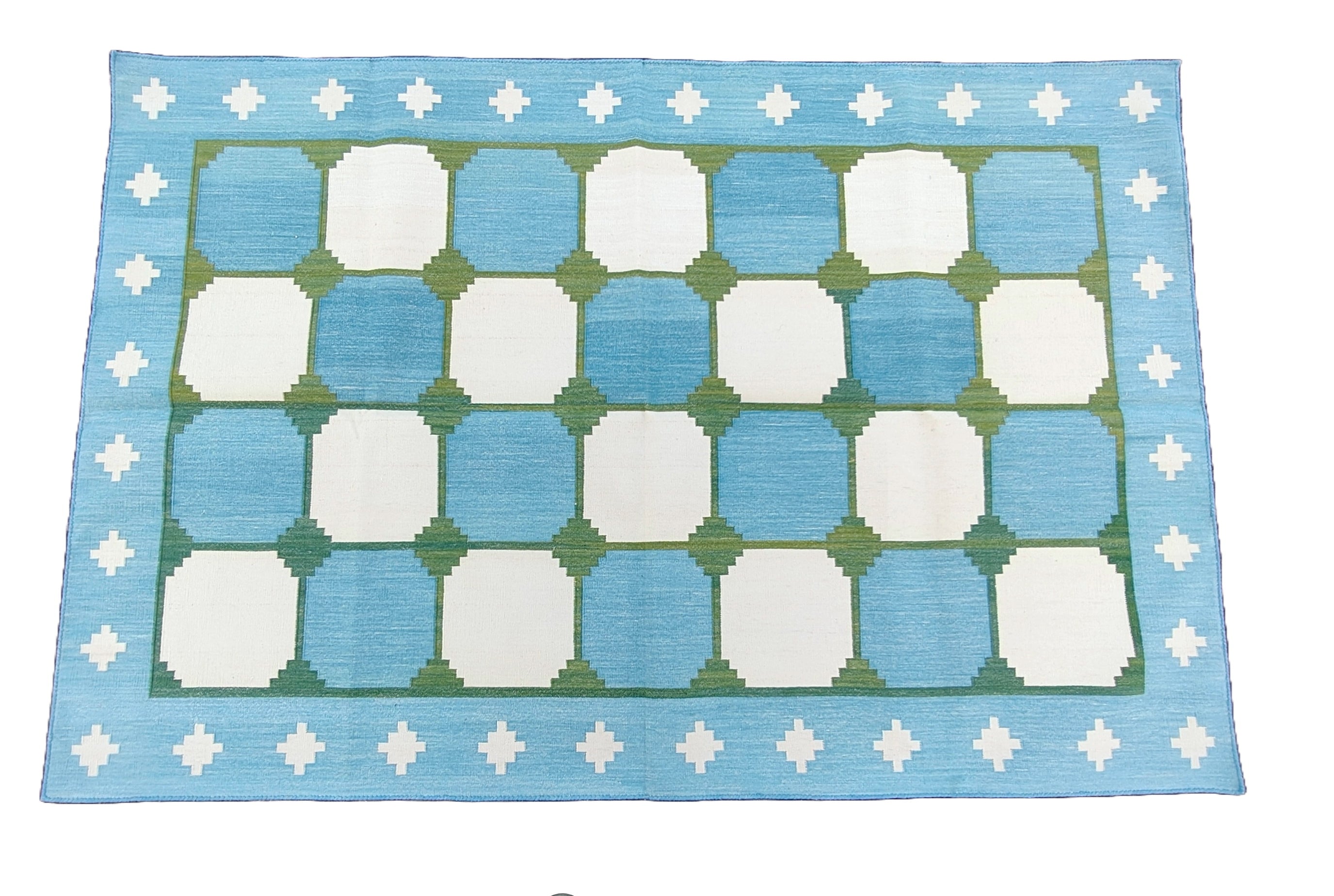 Modern Handmade Cotton Rug, 4x6 Sky Blue And Green Tile Swedish Rug-6782