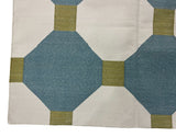 Modern Handmade Cotton Teal Blue, Cream And Olive Green Tile Area Rug-6842