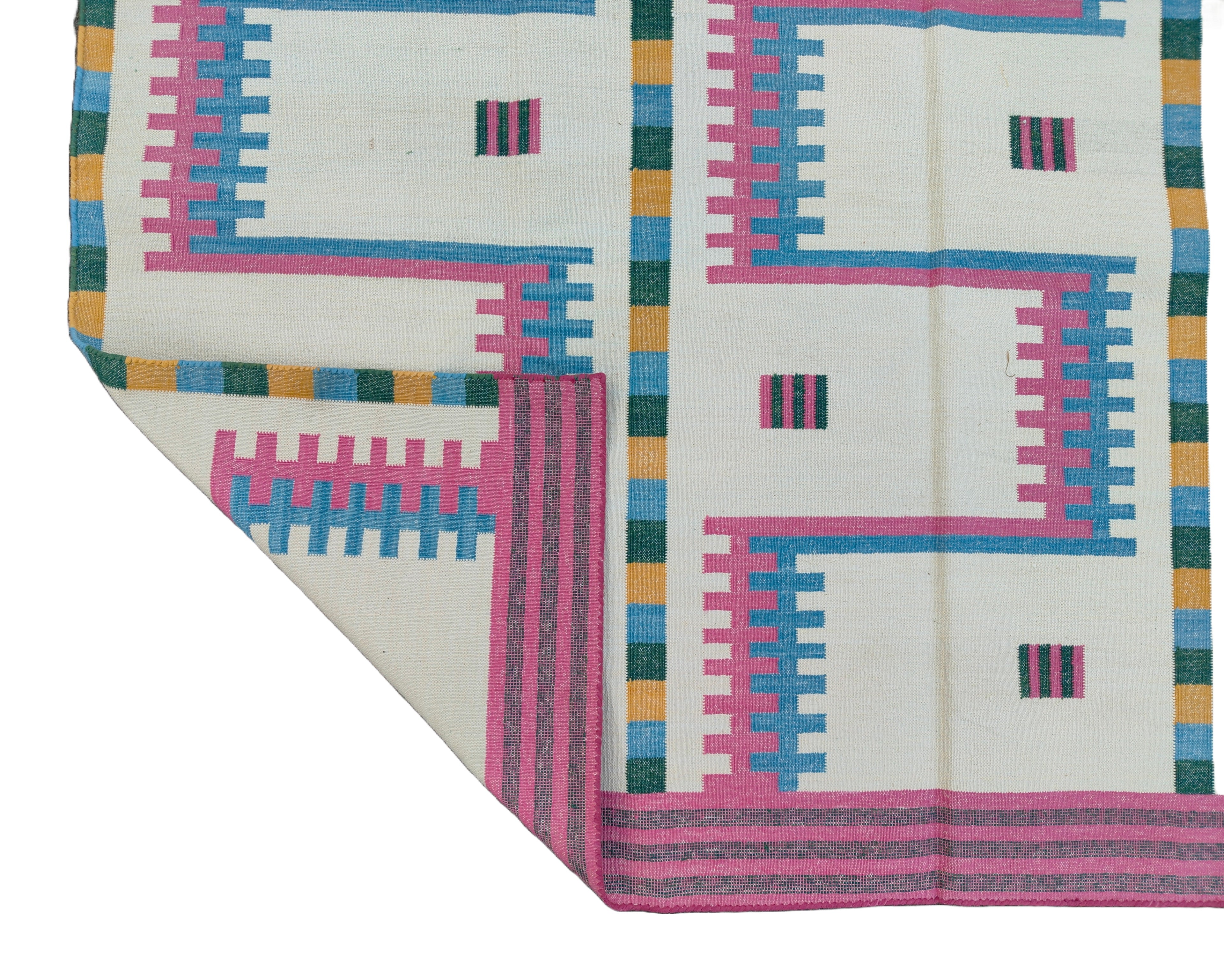 Modern Handmade Cotton Rug, 5x7 Pink And Cream Geometric Rug-6781
