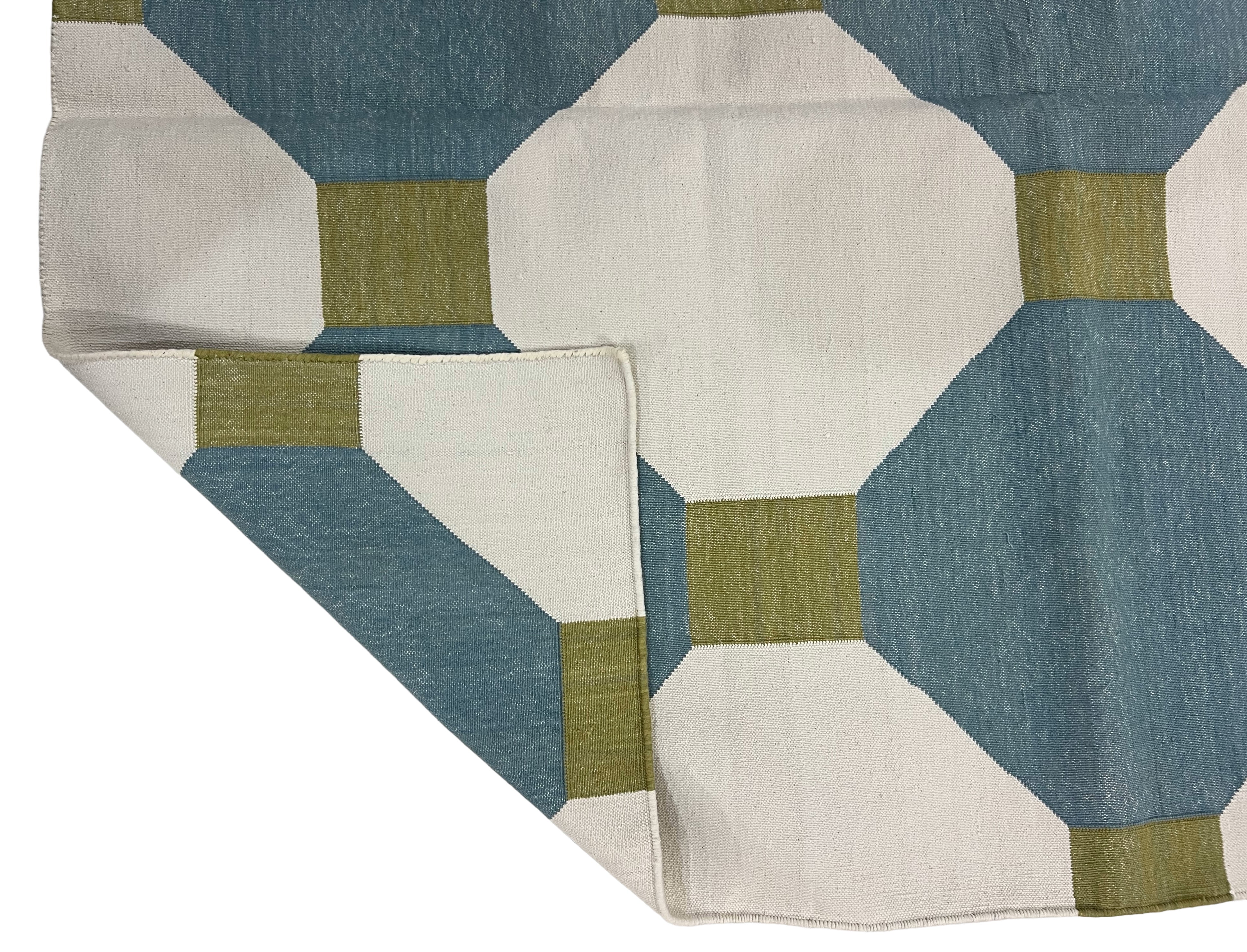 Modern Handmade Cotton Teal Blue, Cream And Olive Green Tile Area Rug-6842