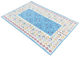 Modern Handmade Cotton Area Flat Weave Rug, Sky Blue And Cream Leaf Indian Dhurrie-6779