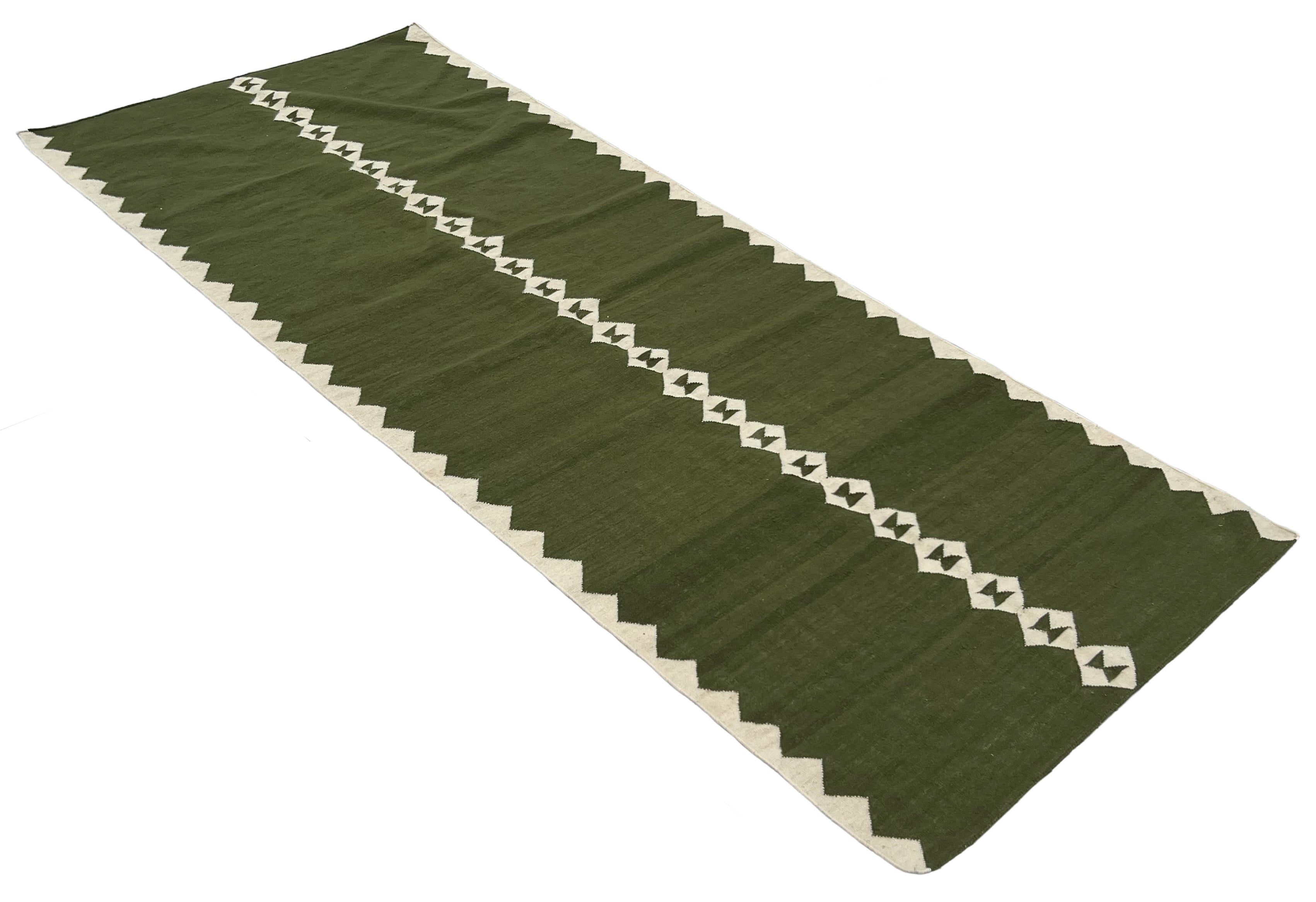 Modern Handmade New Zealand Wool Olive Green And Cream Diamond Runner-6841