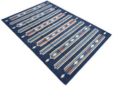 Modern Handmade Cotton Indigo Blue, Cream And Terracotta Diamond Striped Area Rug-6829