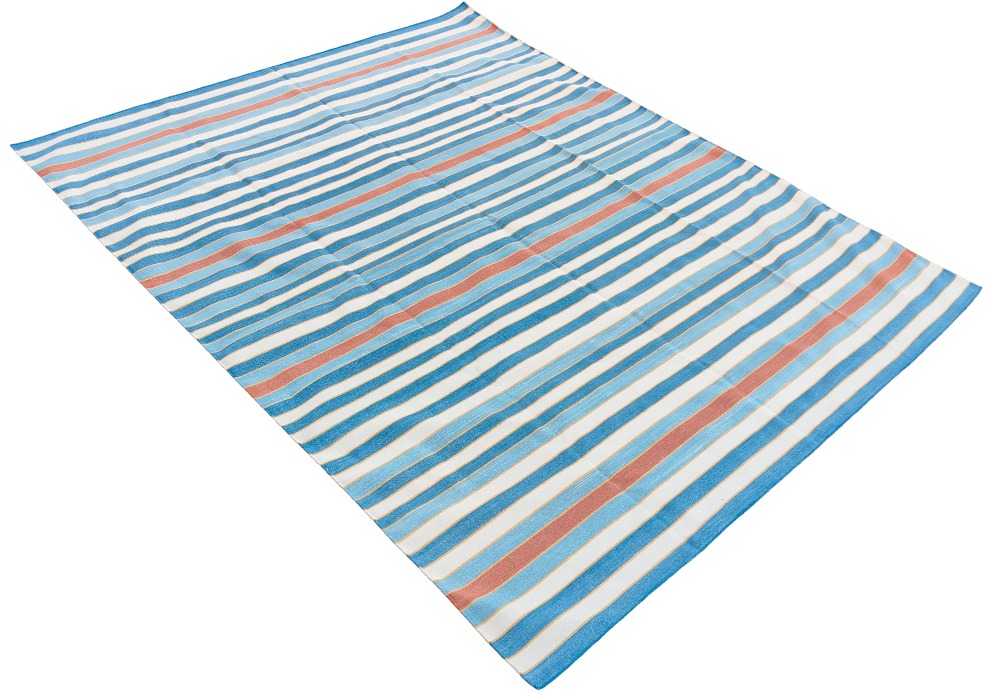 Modern Handmade Cotton Area Rug, Sky Blue, Red And Yellow Striped Indian Dhurrie -6783