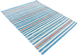 Modern Handmade Cotton Area Rug, Sky Blue, Red And Yellow Striped Indian Dhurrie -6783