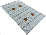 Modern Handmade Cotton Rug, 5'x8' Sky Blue, Sage Green And Cream Star And Dash Striped Rug-6825