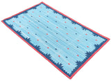 Modern Handmade Cotton Rug, 5x8 Sky And Navy Blue Red Border Geometric Diamond Rug-6775
