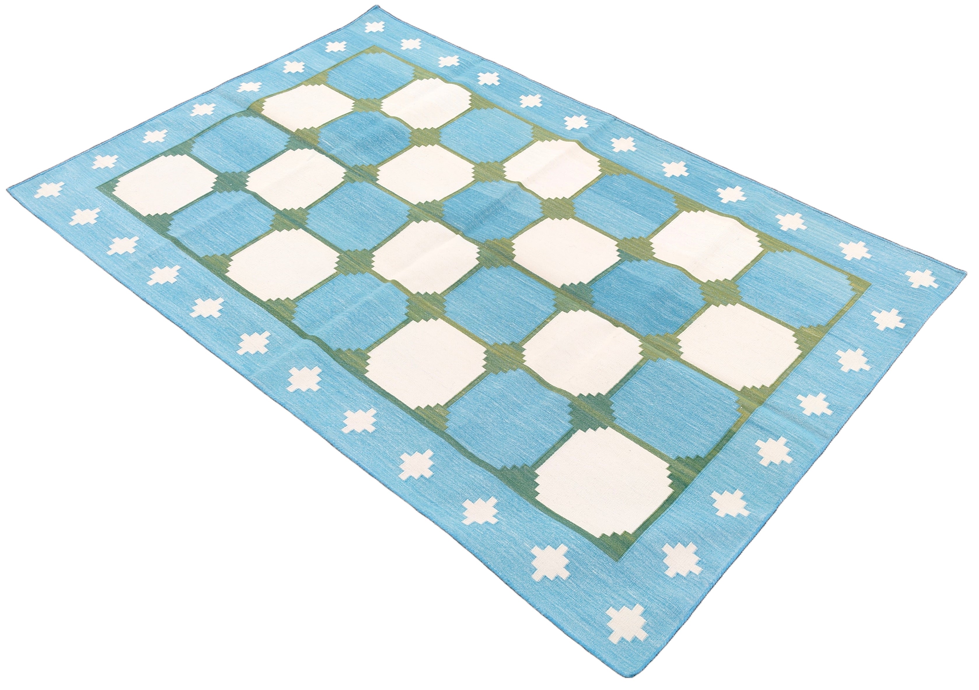 Modern Handmade Cotton Rug, 4x6 Sky Blue And Green Tile Swedish Rug-6782