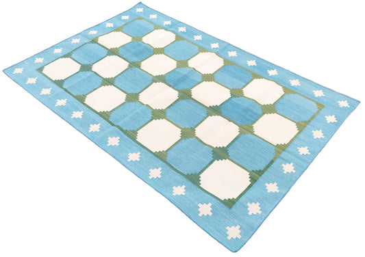 Modern Handmade Cotton Rug, 4x6 Sky Blue And Green Tile Swedish Rug-6782