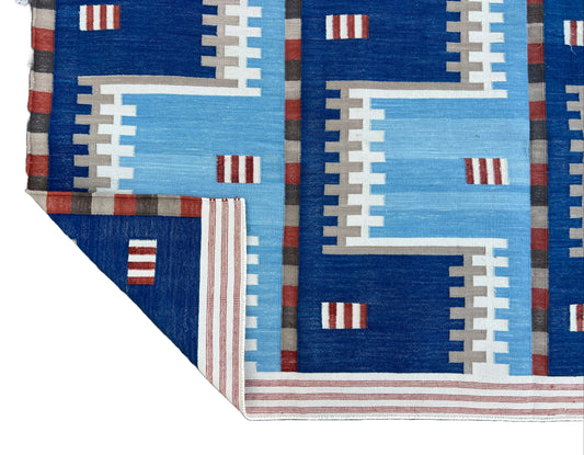 Modern Handmade Cotton Flat Weave Sky Blue And Beige Geometric Rug-6534
