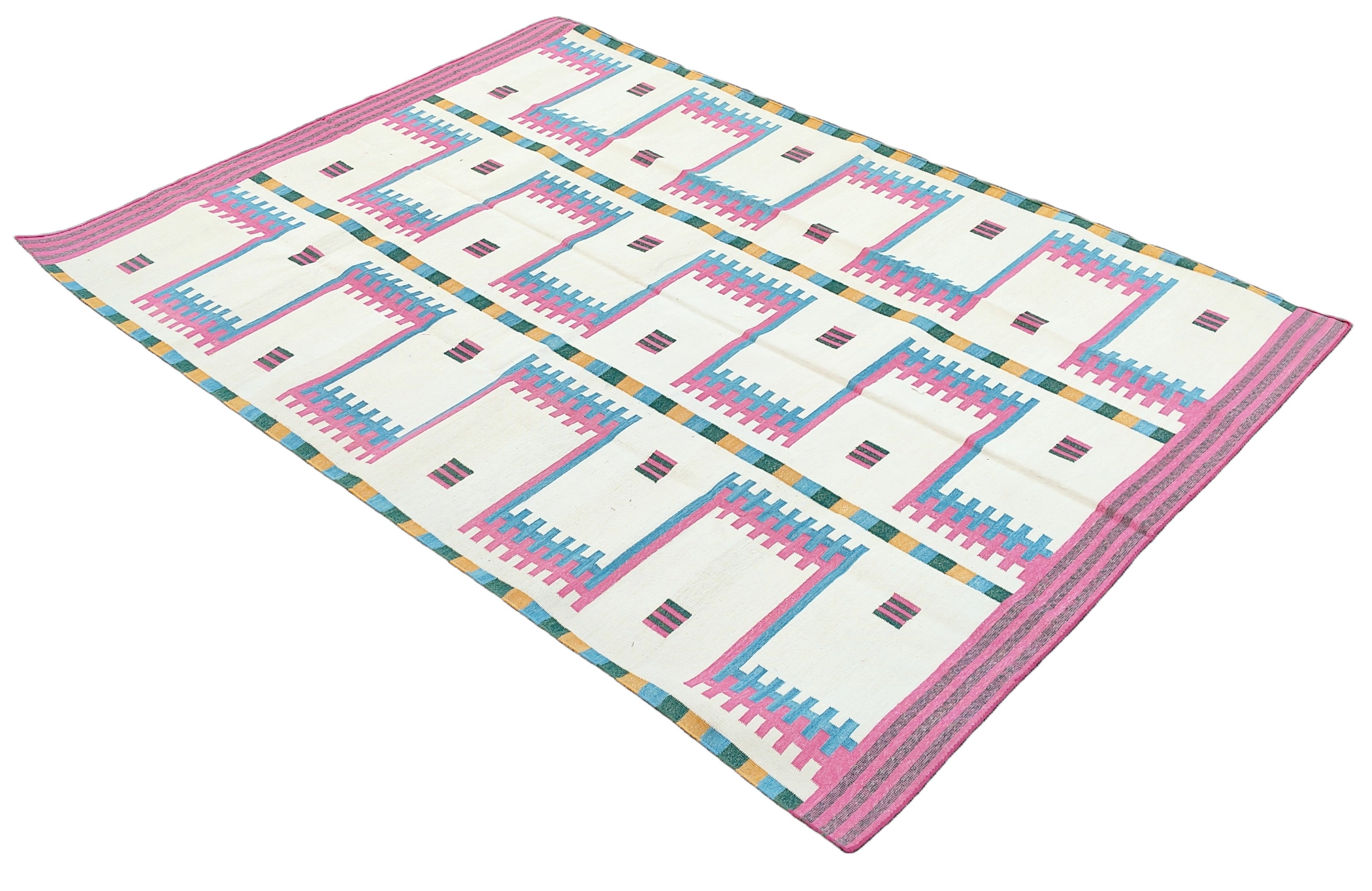 Modern Handmade Cotton Rug, 5x7 Pink And Cream Geometric Rug-6781