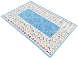Modern Handmade Cotton Area Flat Weave Rug, Sky Blue And Cream Leaf Indian Dhurrie-6779