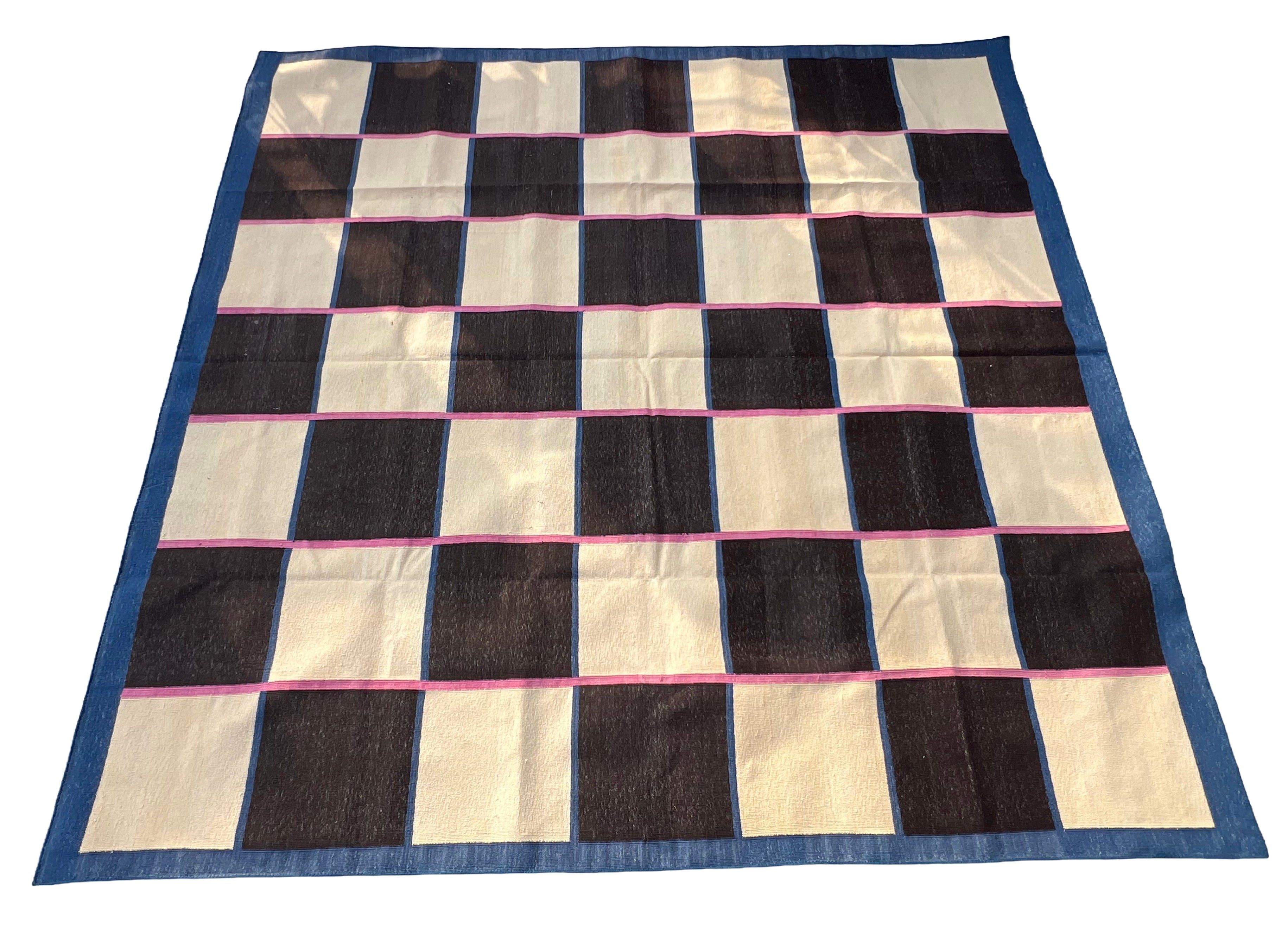 Modern Handmade Cotton Rug, 8'x8' Cream, Brown And Pink Checker Board Rug-6822