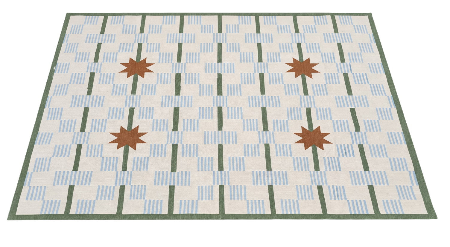 Modern Handmade Cotton Rug, 5'x8' Sky Blue, Sage Green And Cream Star And Dash Striped Rug-6811
