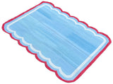 Modern Handmade Cotton Sky Blue, Cream and Red Scalloped Rug-9660
