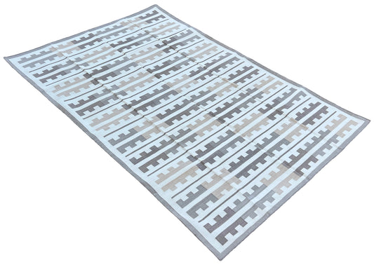 Modern Handmade Cotton Beige And Cream Marianne Striped Indian Dhurrie Rug-6767