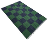 Modern Handmade New Zealand Wool Forest Green And Greyish Blue Checker Board Area Rug-6827