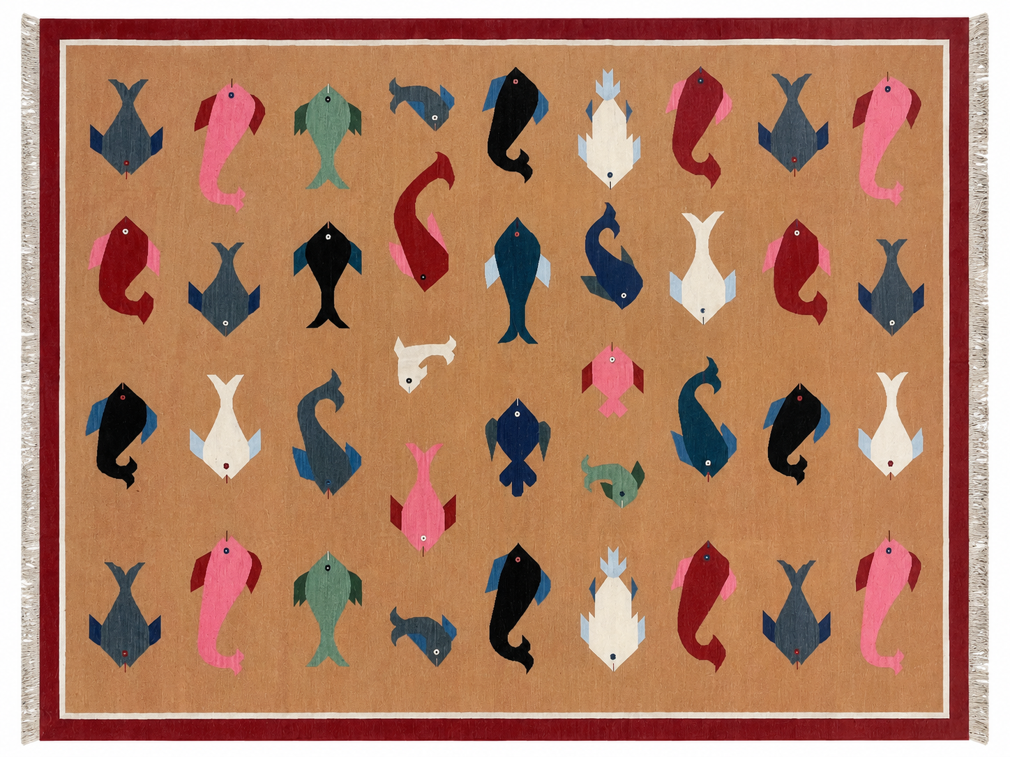 Modern Handmade Cotton Tan And Red Fish Patterned Area Rug-6840