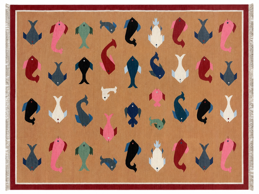 Modern Handmade Cotton Tan And Red Fish Patterned Area Rug-6840