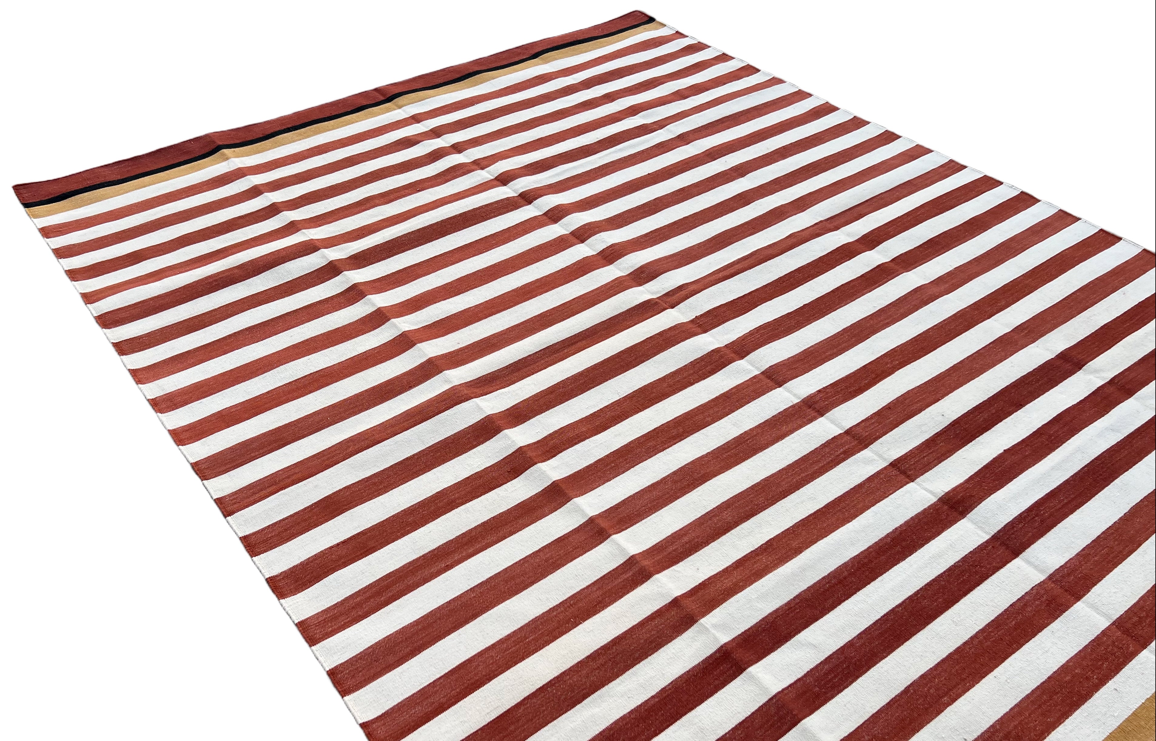 Modern Handmade Cotton Terracotta And White Striped Rug-6538