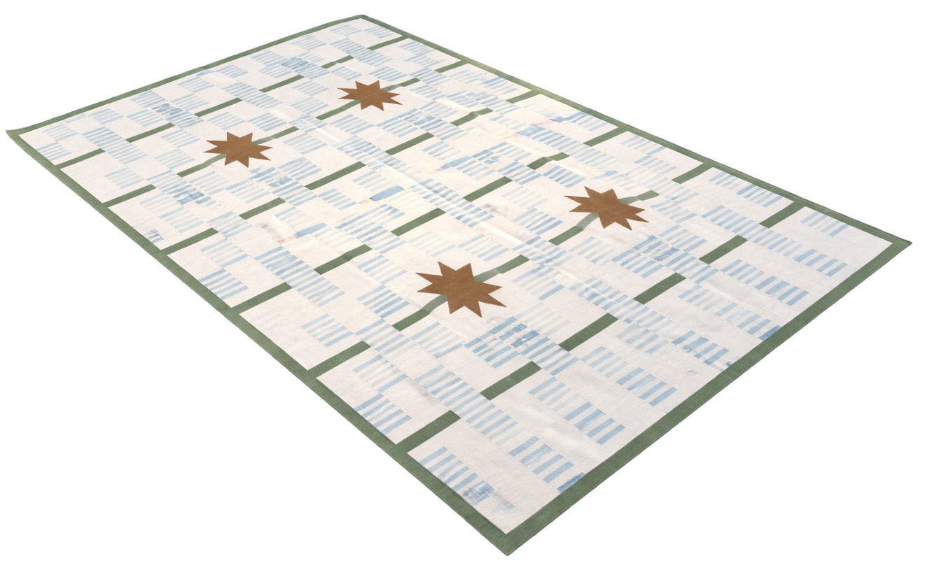 Modern Handmade Cotton Rug, 5'x8' Sky Blue, Sage Green And Cream Star And Dash Striped Rug-6811