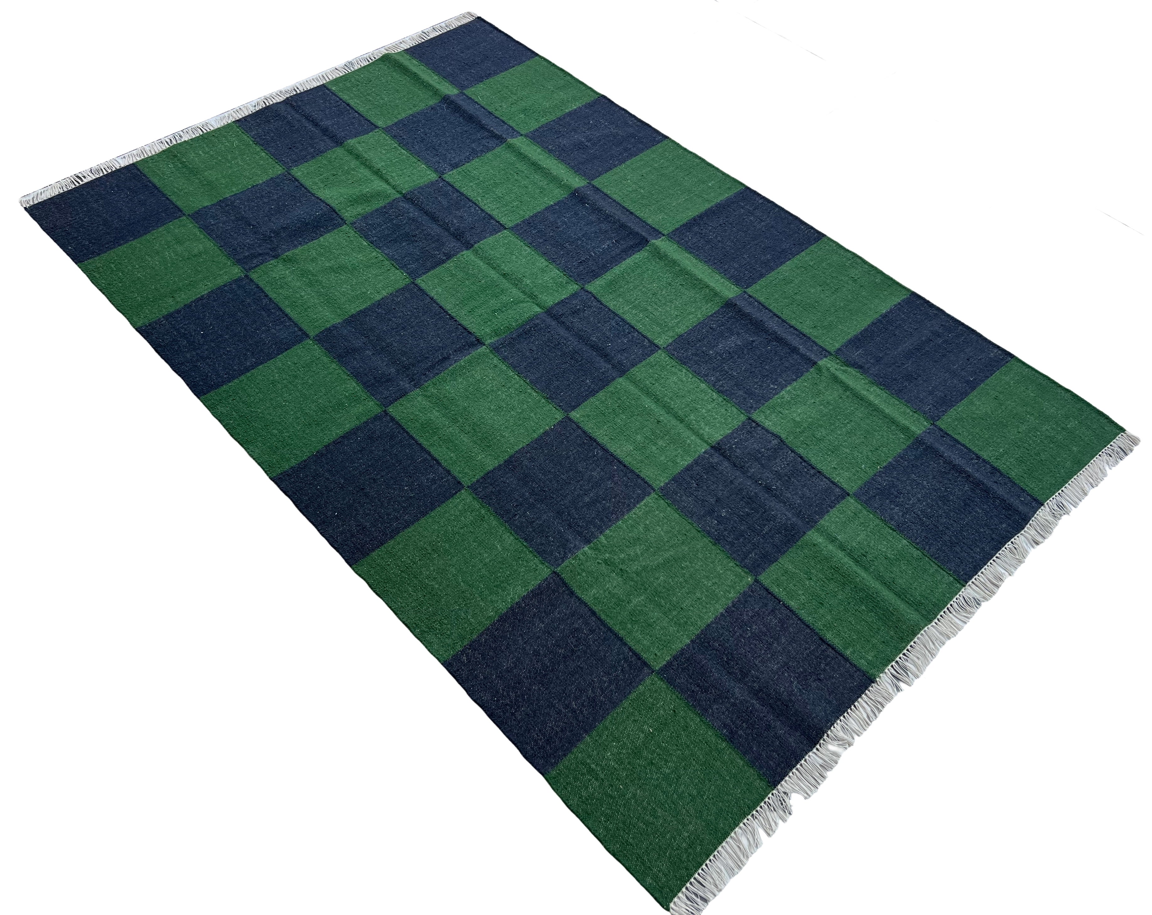 Modern Handmade New Zealand Wool Forest Green And Greyish Blue Checker Board Area Rug-6827