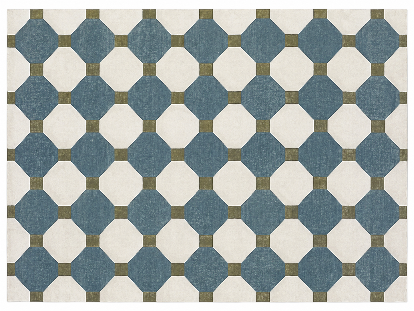 Modern Handmade Cotton Teal Blue, Cream And Olive Green Tile Area Rug-6842