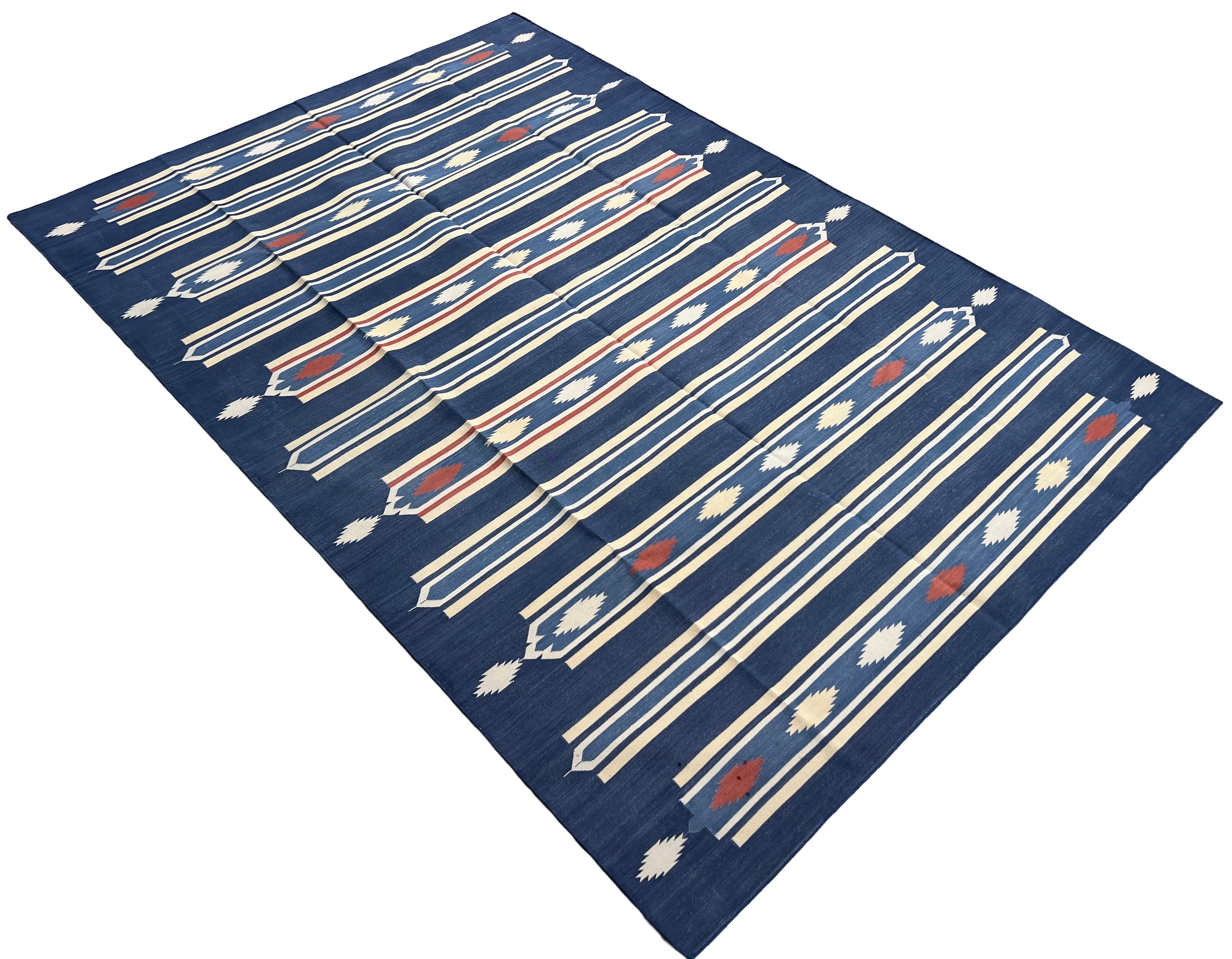 Modern Handmade Cotton Indigo Blue, Cream And Terracotta Diamond Striped Area Rug-6829