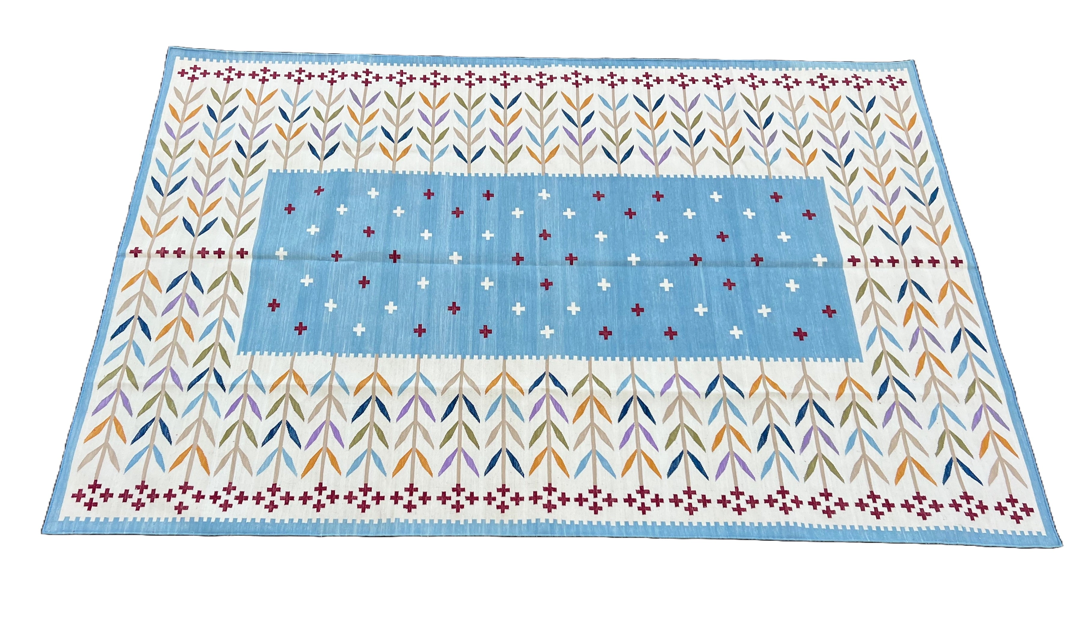 Modern Handmade Cotton Area Flat Weave Rug, Sky Blue And Cream Leaf Indian Dhurrie-6779