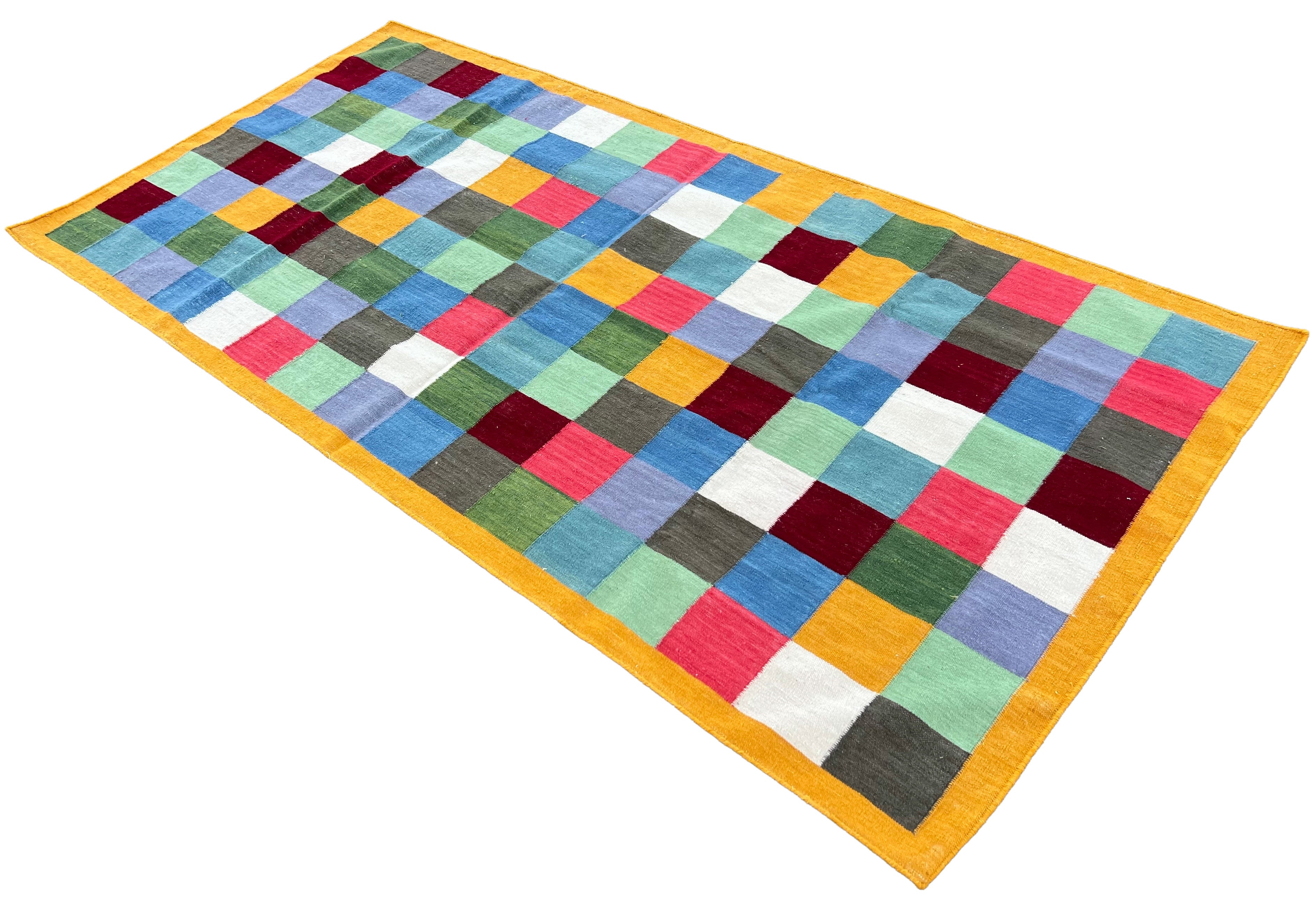 Modern Handmade Woolen Rug, 4x8 Multicolor Checked Dhurrie Runner -6785