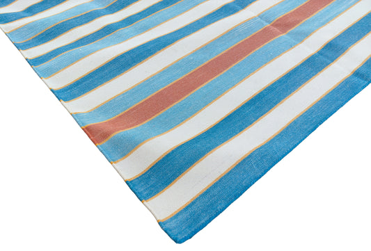 Modern Handmade Cotton Area Rug, Sky Blue, Red And Yellow Striped Indian Dhurrie -6783