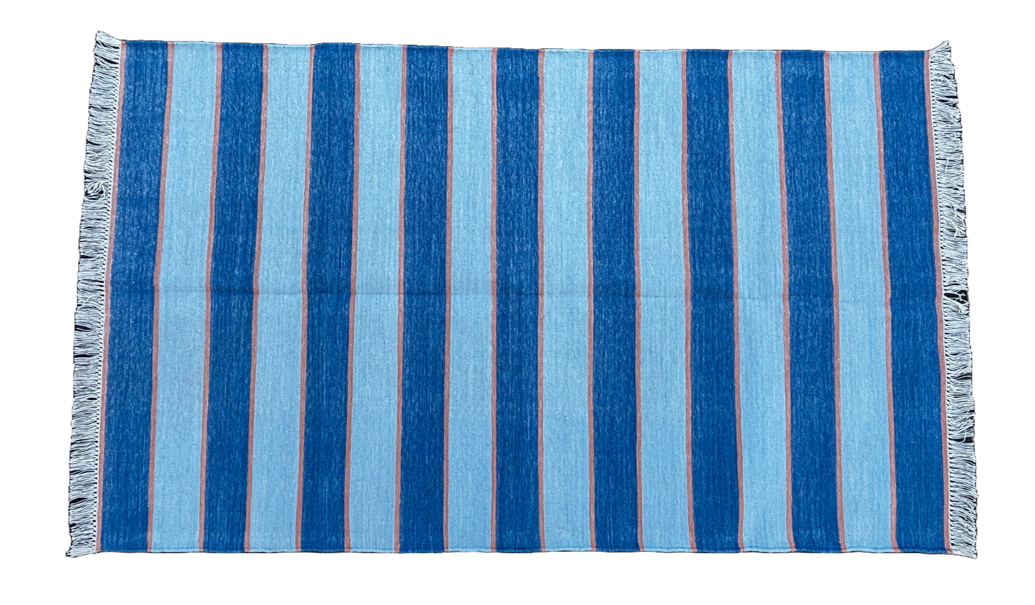 Modern Handmade Cotton Blue And Orange Striped Area Rug-6765