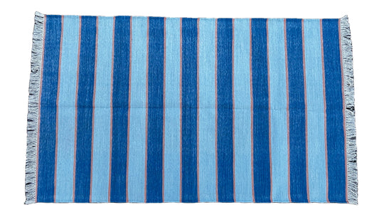 Modern Handmade Cotton Blue And Orange Striped Area Rug-6765