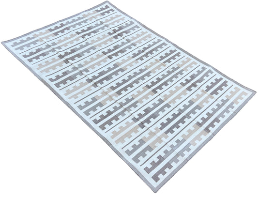 Modern Handmade Cotton Beige And Cream Marianne Striped Indian Dhurrie Rug-6767