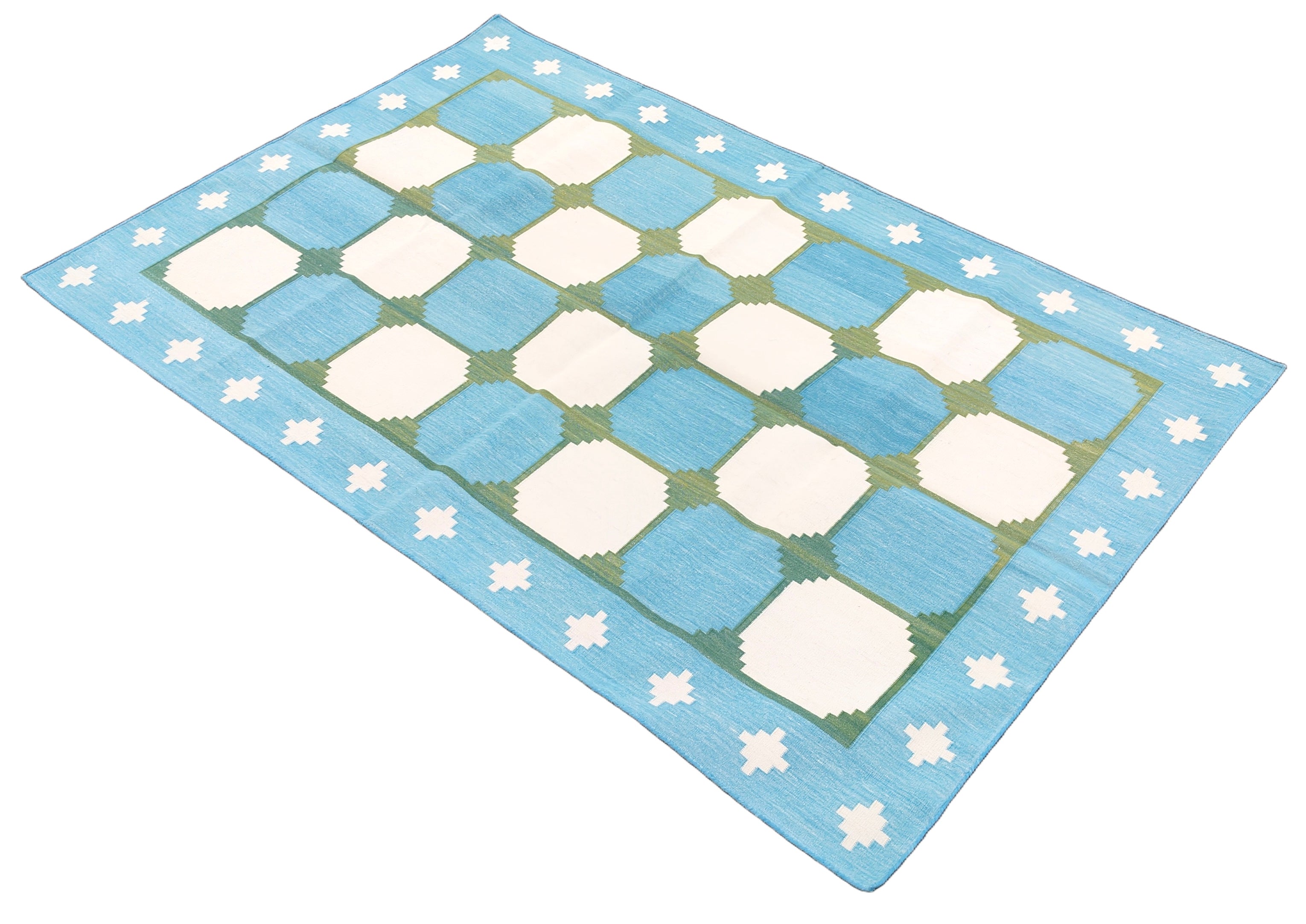 Modern Handmade Cotton Rug, 4x6 Sky Blue And Green Tile Swedish Rug-6782