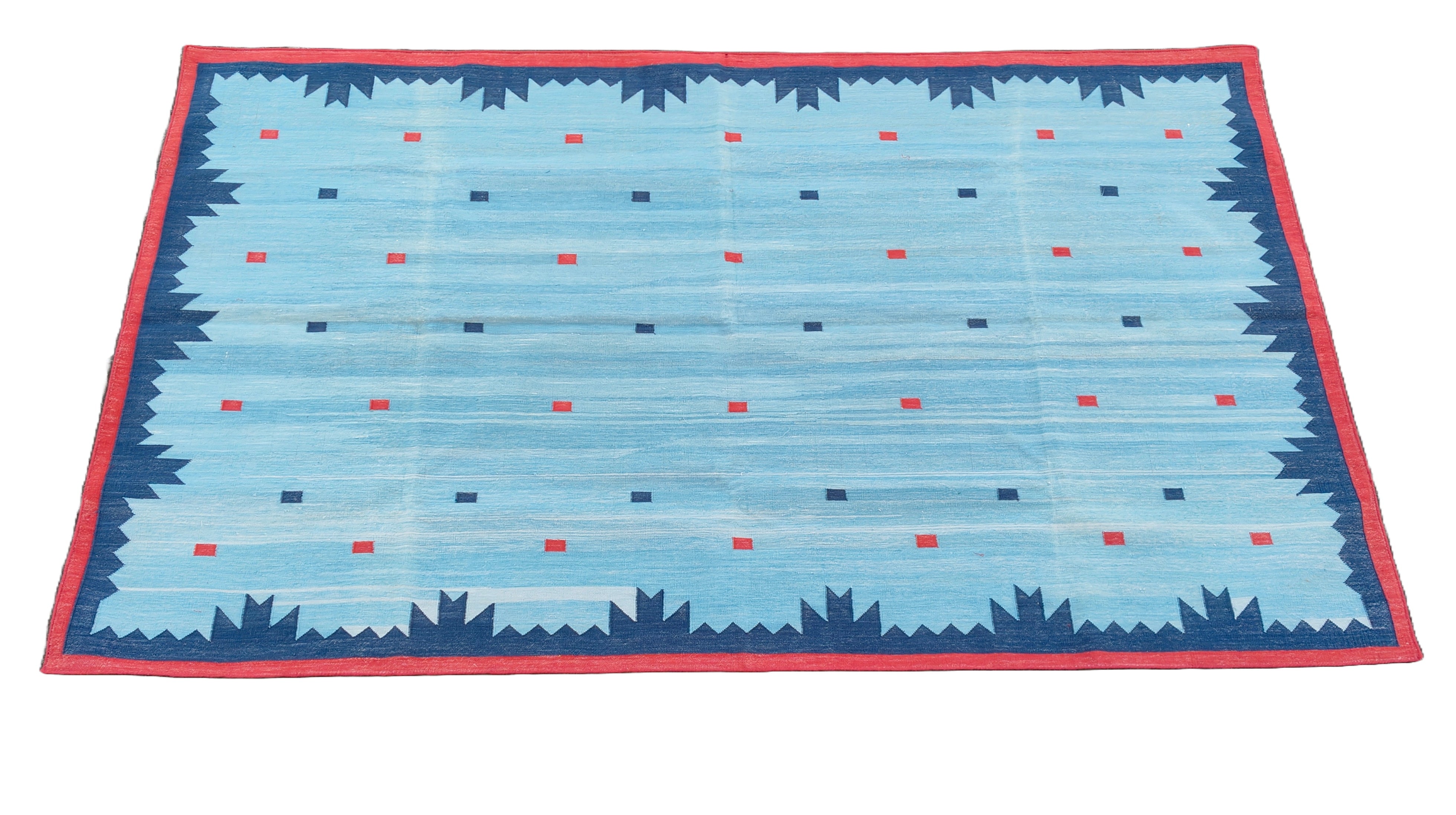 Modern Handmade Cotton Rug, 5x8 Sky And Navy Blue Red Border Geometric Diamond Rug-6775