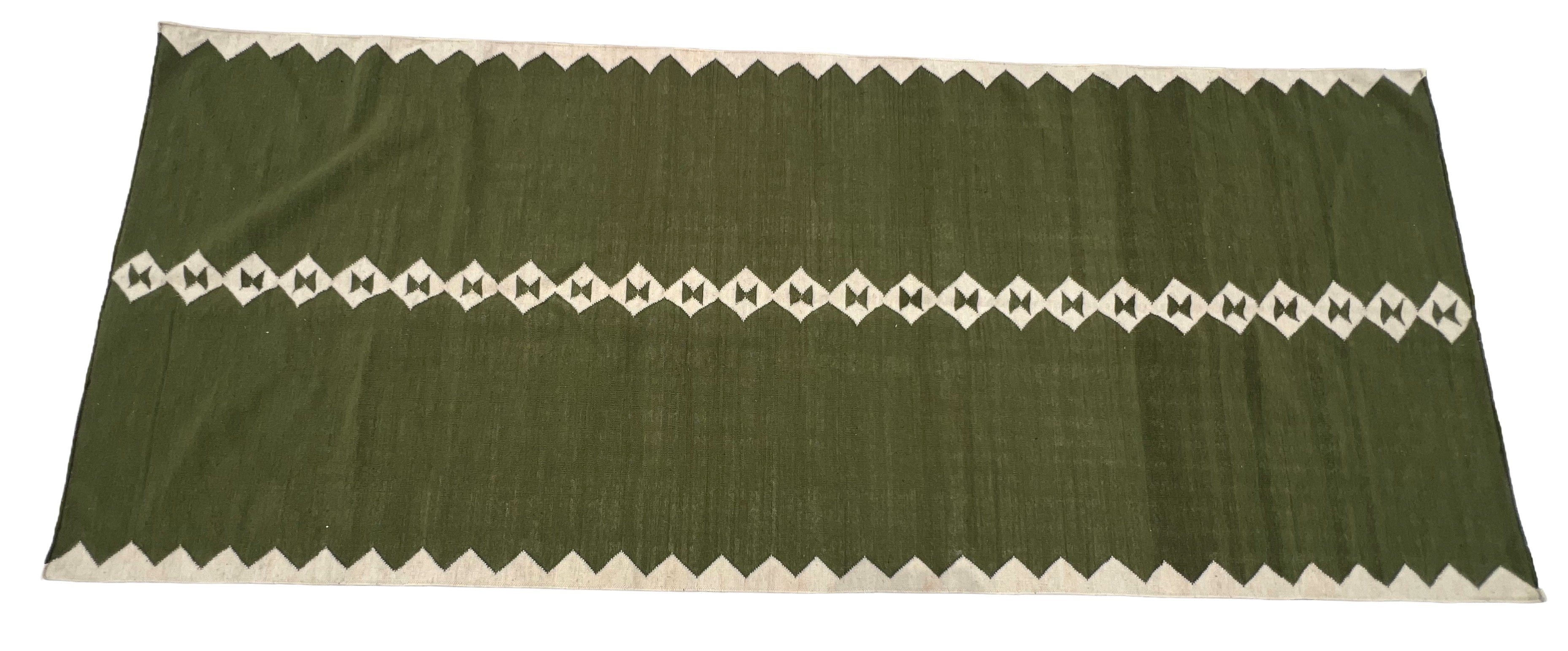 Modern Handmade New Zealand Wool Olive Green And Cream Diamond Runner-6841