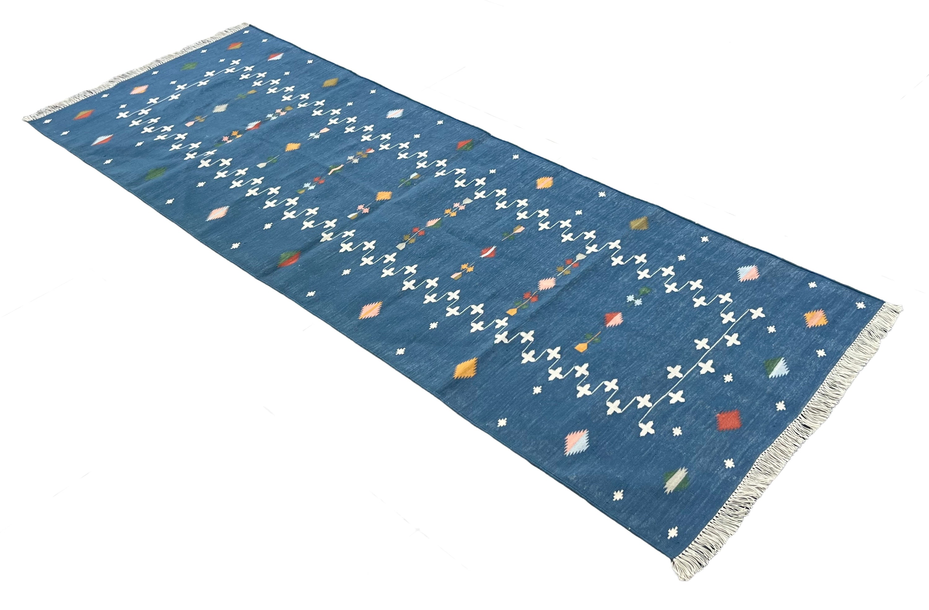 Modern Handmade Cotton Indigo Blue Shooting Star Dhurrie Runner-6815