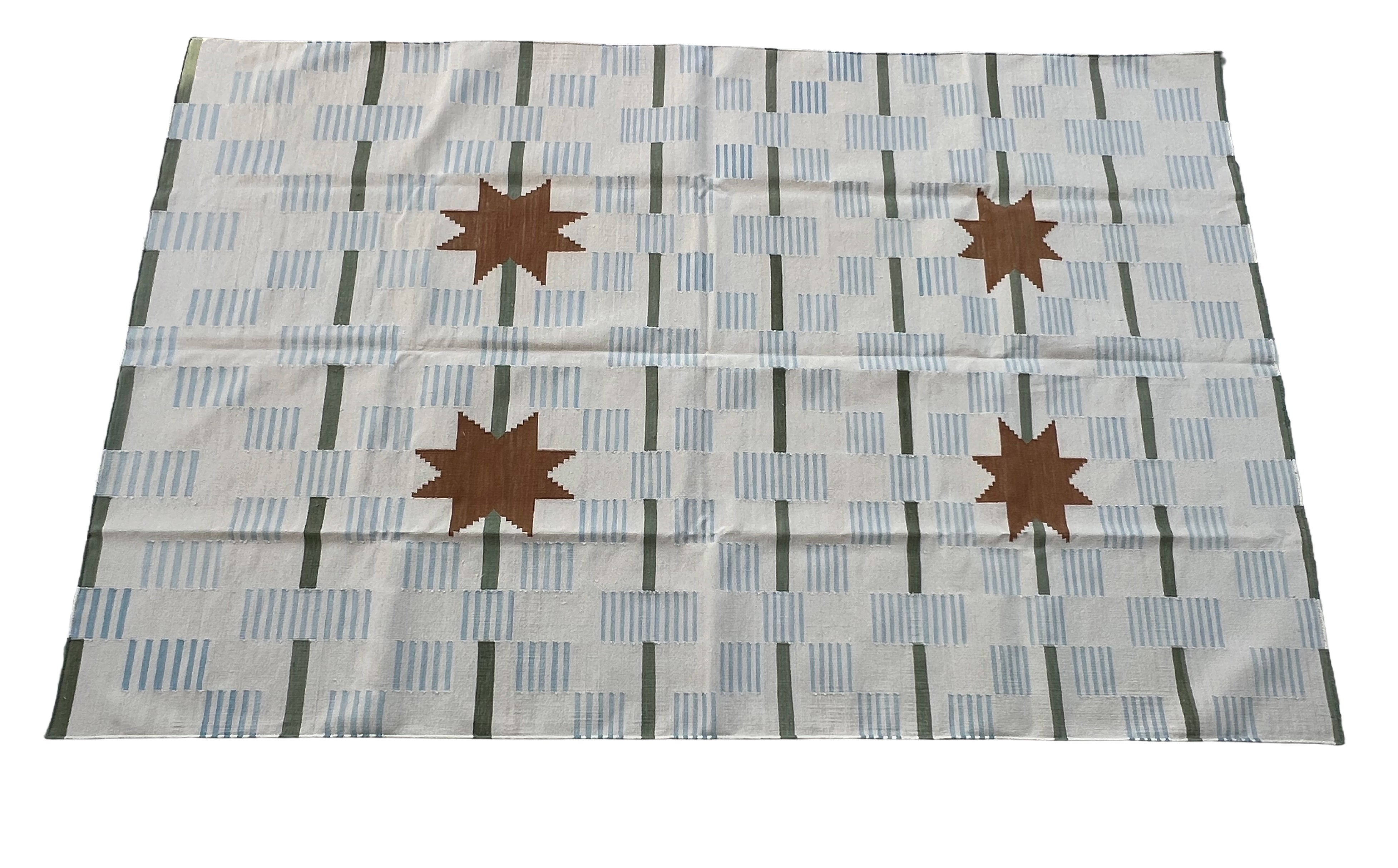 Modern Handmade Cotton Rug, 5'x8' Sky Blue, Sage Green And Cream Star And Dash Striped Rug-6825