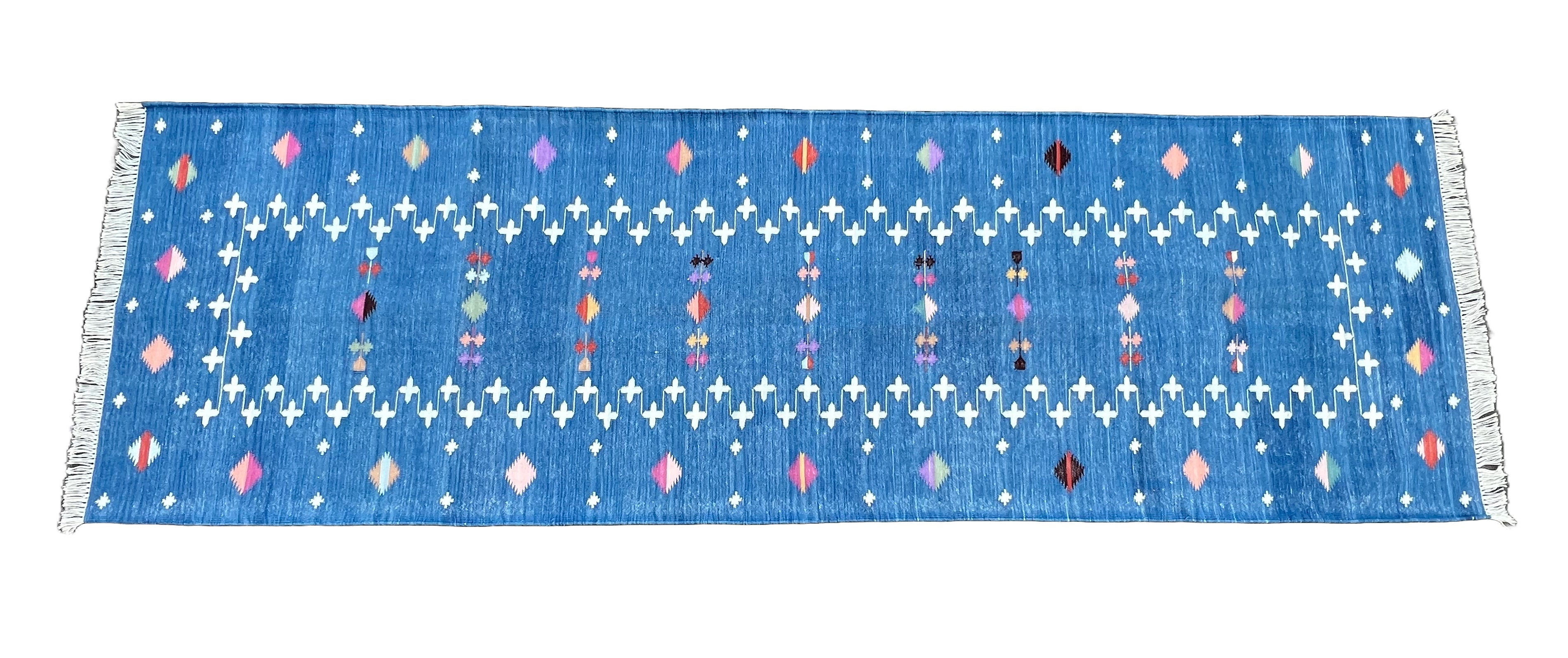Modern Handmade Cotton Indigo Blue Shooting Star Dhurrie Runner-6772