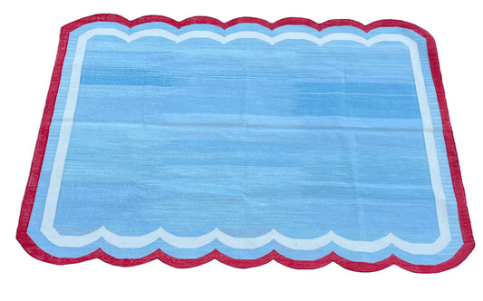 Modern Handmade Cotton Sky Blue, Cream and Red Scalloped Rug-9660