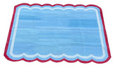 Modern Handmade Cotton Sky Blue, Cream and Red Scalloped Rug-9660