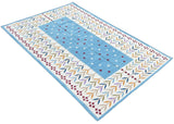 Modern Handmade Cotton Area Flat Weave Rug, Sky Blue And Cream Leaf Indian Dhurrie-6779