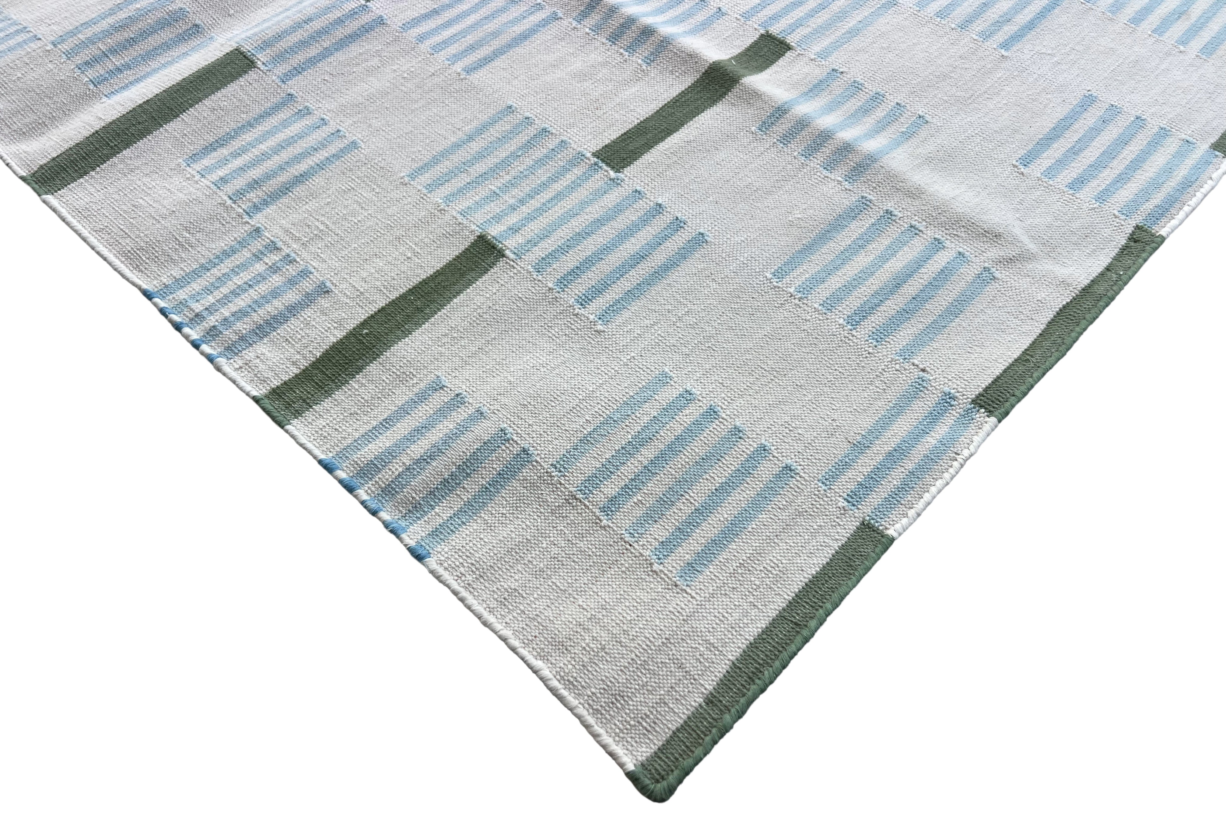 Modern Handmade Cotton Rug, 5'x8' Sky Blue, Sage Green And Cream Star And Dash Striped Rug-6825